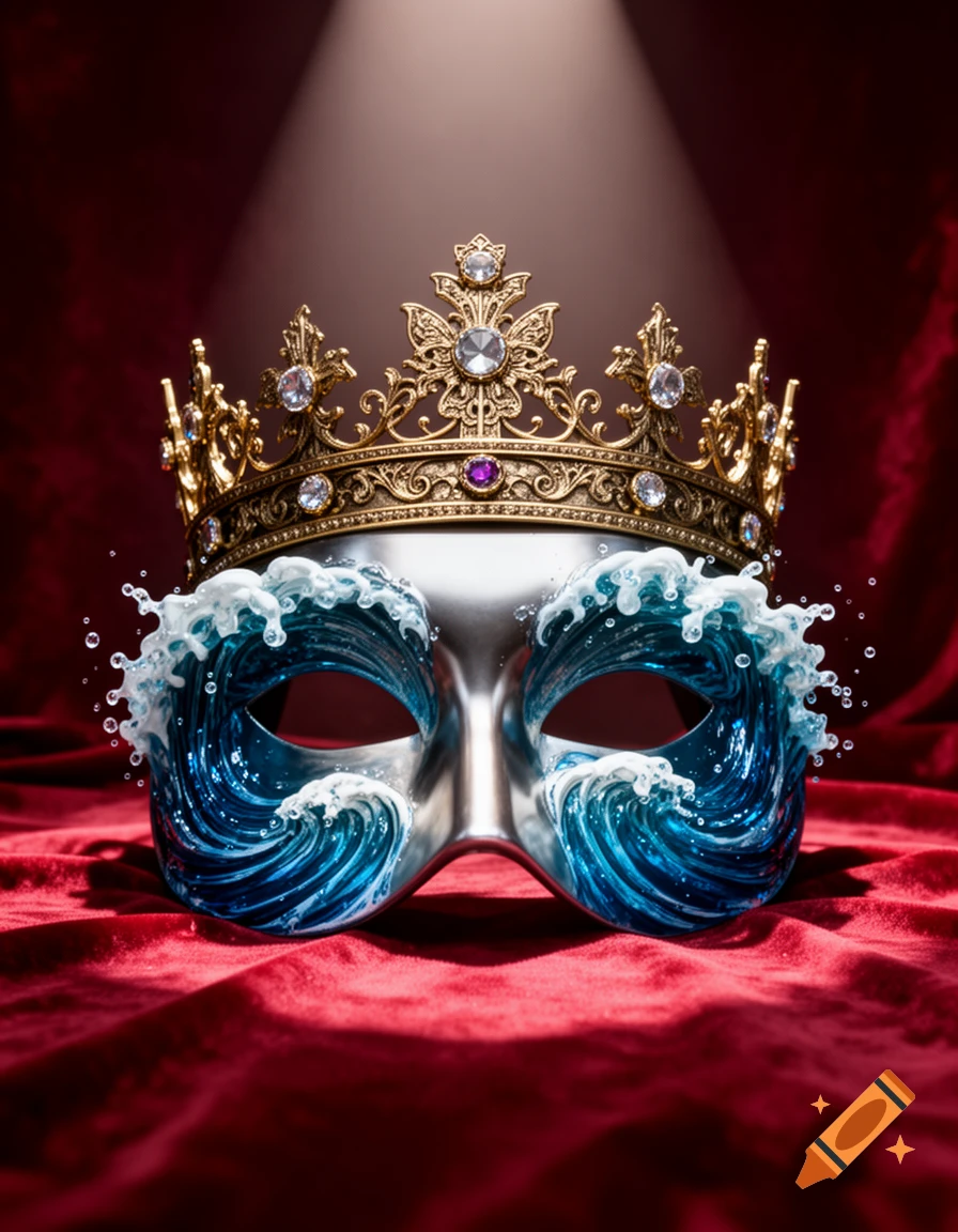 A silver masquerade mask with blue ocean waves for eyes, topped by a gold jeweled crown, on red velvet under a spotlight.
