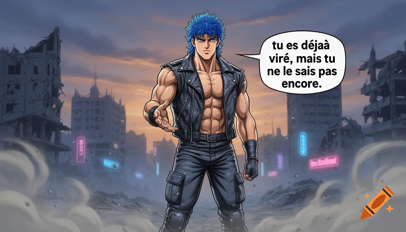 A muscular man with blue hair in a leather vest and pants, styled like Kenshiro from Fist of the North Star, stands in a ruined city with a speech bubble saying "tu es déjà viré, mais tu ne le sais pas encore".