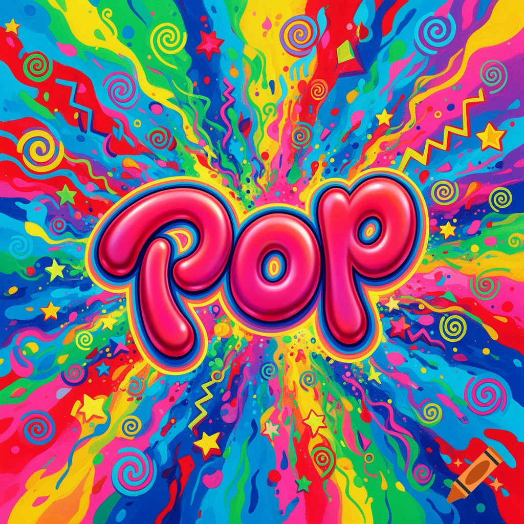 The word 'Pop' in shiny pink bubble letters, centered on an explosion of vibrant, abstract colors, stars, and swirls.