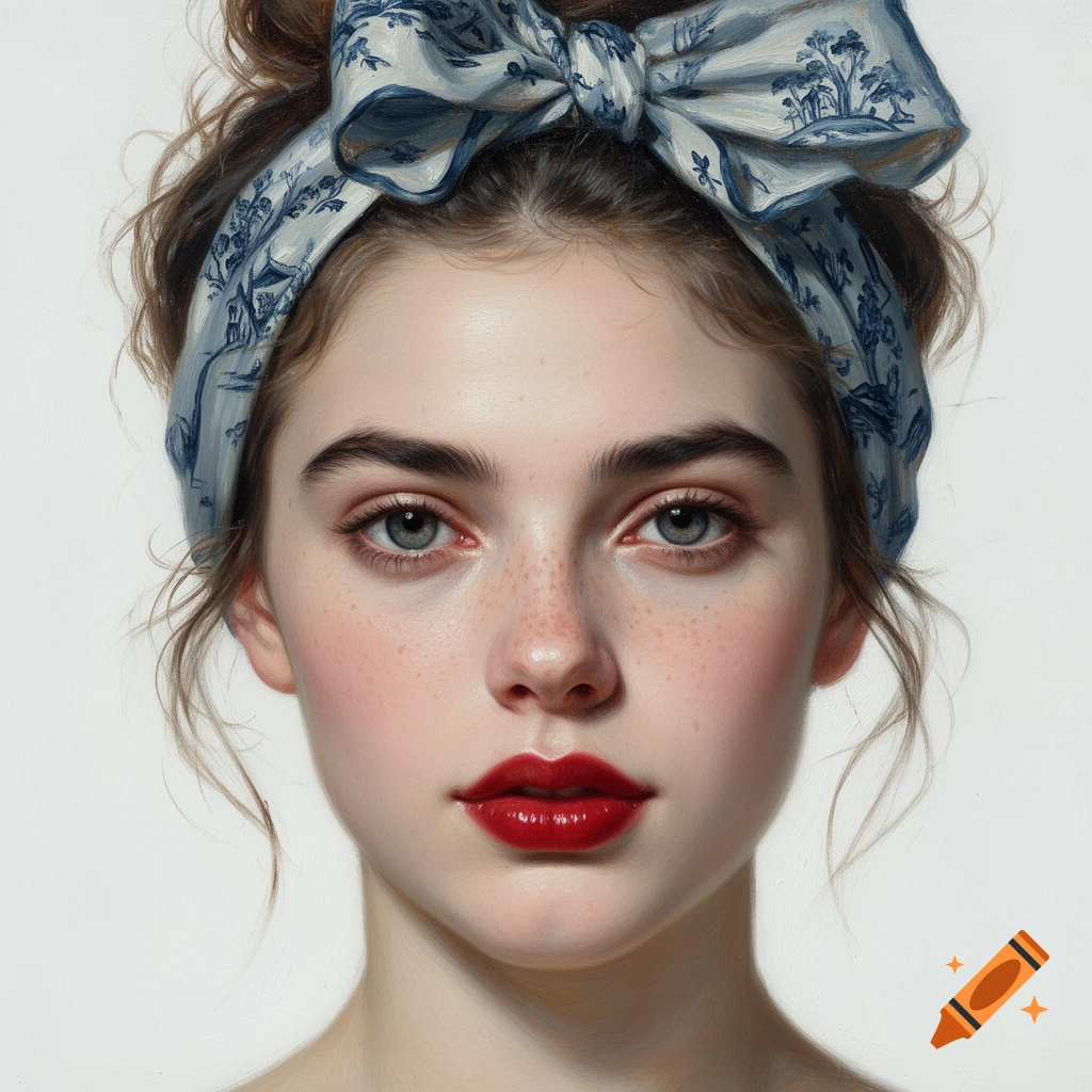 Close-up oil painting portrait of a young woman with a patterned headscarf and red lips.
