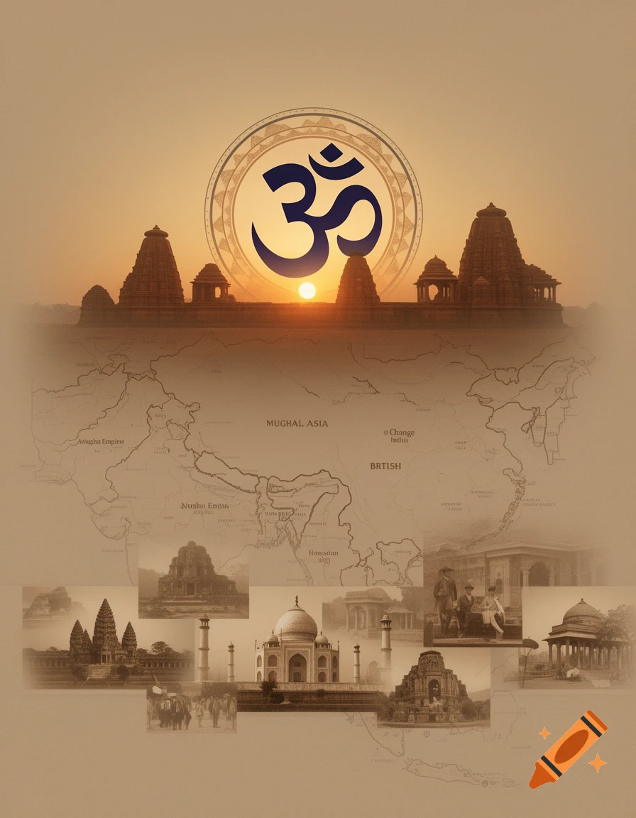 A sepia-toned collage featuring a large Om symbol over temple silhouettes at sunrise, a historical map of South Asia, and smaller images of ancient and colonial architecture and scenes.