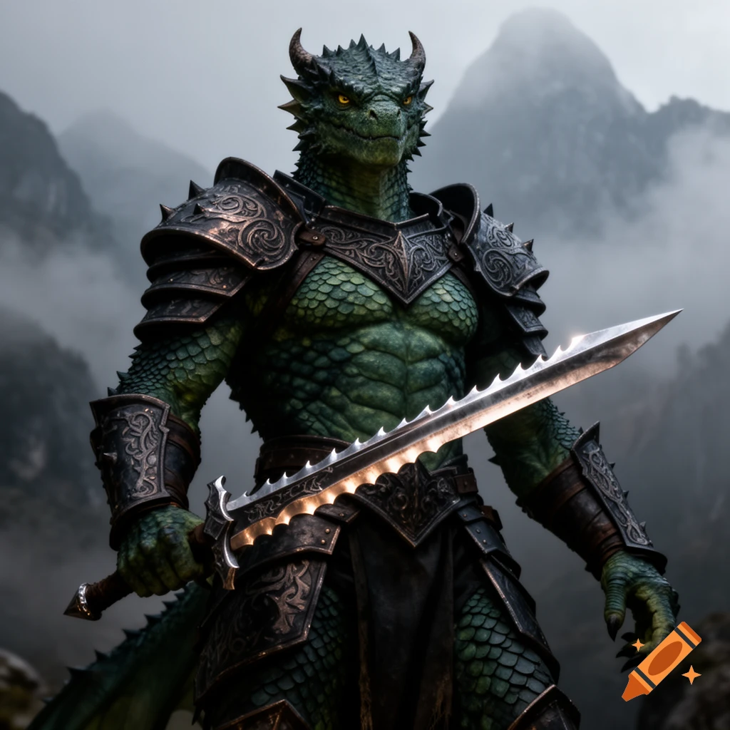 A formidable dark green scaled dragonborn warrior in elaborate heavy armor holds a serrated longsword against a misty mountain backdrop.
