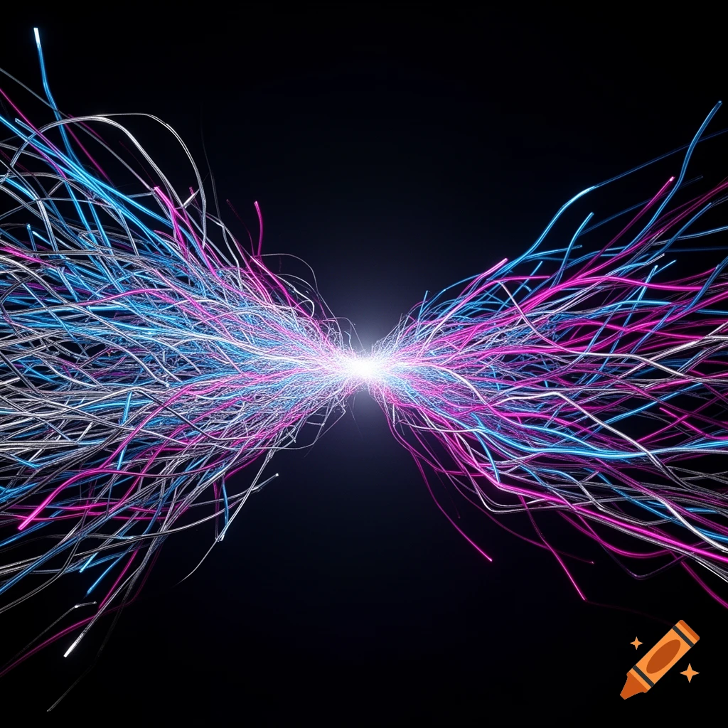 Abstract glowing blue, pink, and white lines converge to a bright center point and then diverge on a black background.