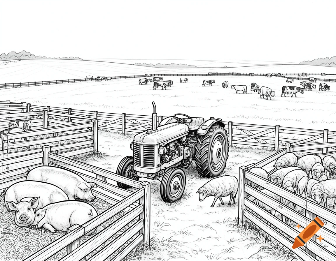 Line art illustration of a busy farmyard with a tractor, pigs in pens, sheep in a separate pen, and cows grazing in a field.