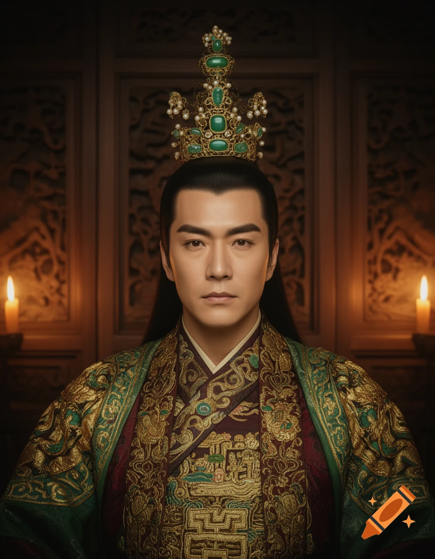 A formal portrait of an ancient Chinese emperor in an elaborate, jewel-encrusted green crown and intricately embroidered gold, green, and red robes.