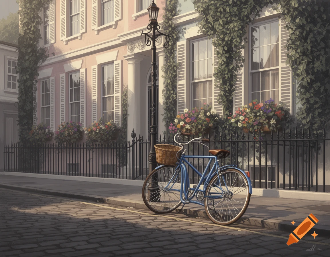A blue bicycle with a basket parked on a cobbled street in front of a pink building with windows and flowers, painting style.