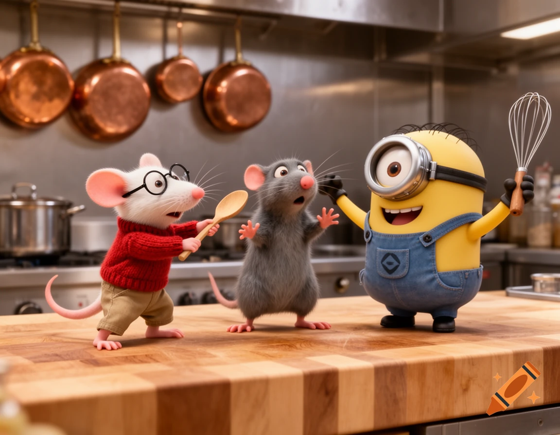 A Minion and two mice, one with glasses and a spoon and another looking surprised, on a wooden counter in a kitchen.