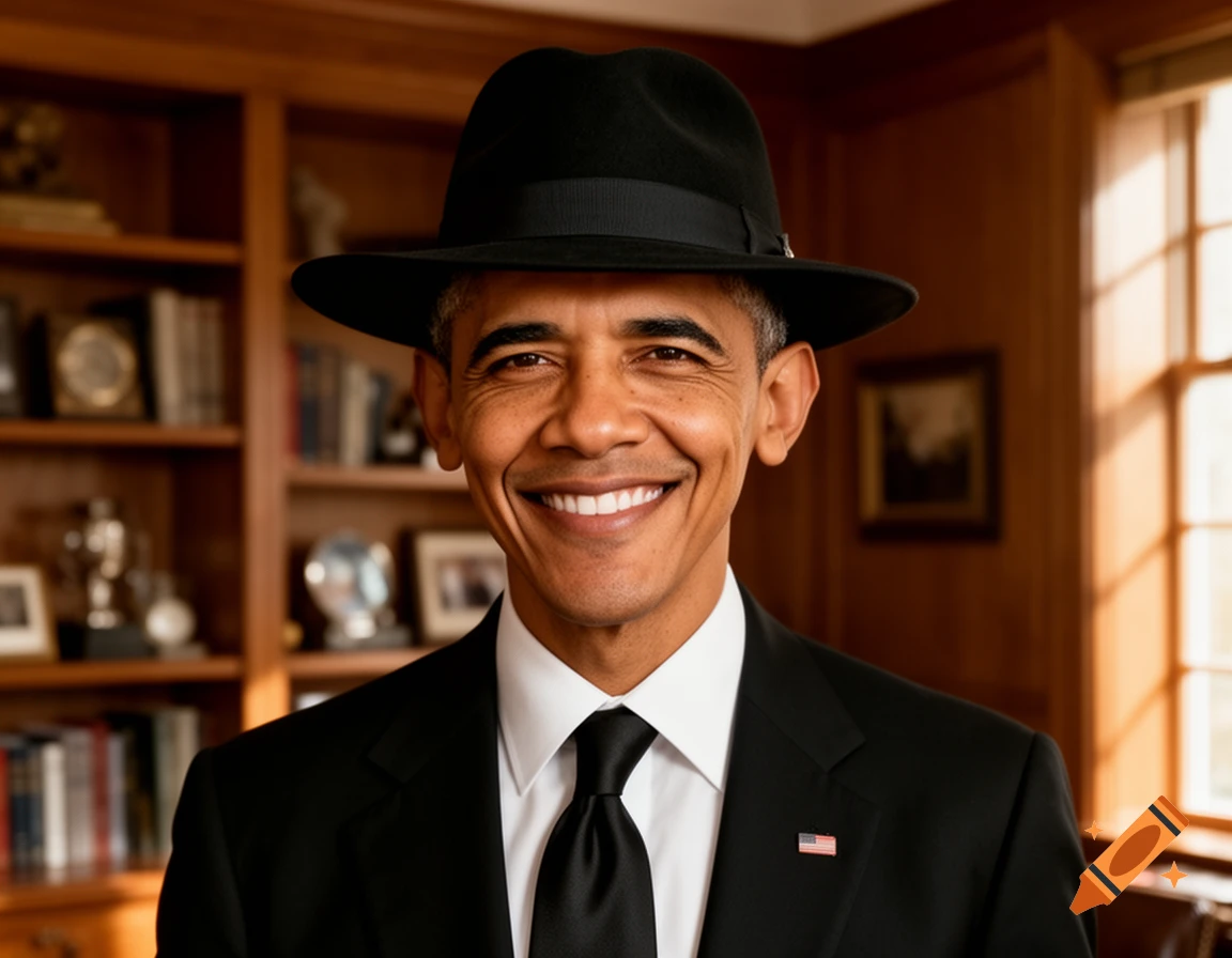 Photorealistic portrait of Barack Obama smiling, wearing a black suit, tie, and fedora hat, in an office with bookshelves.
