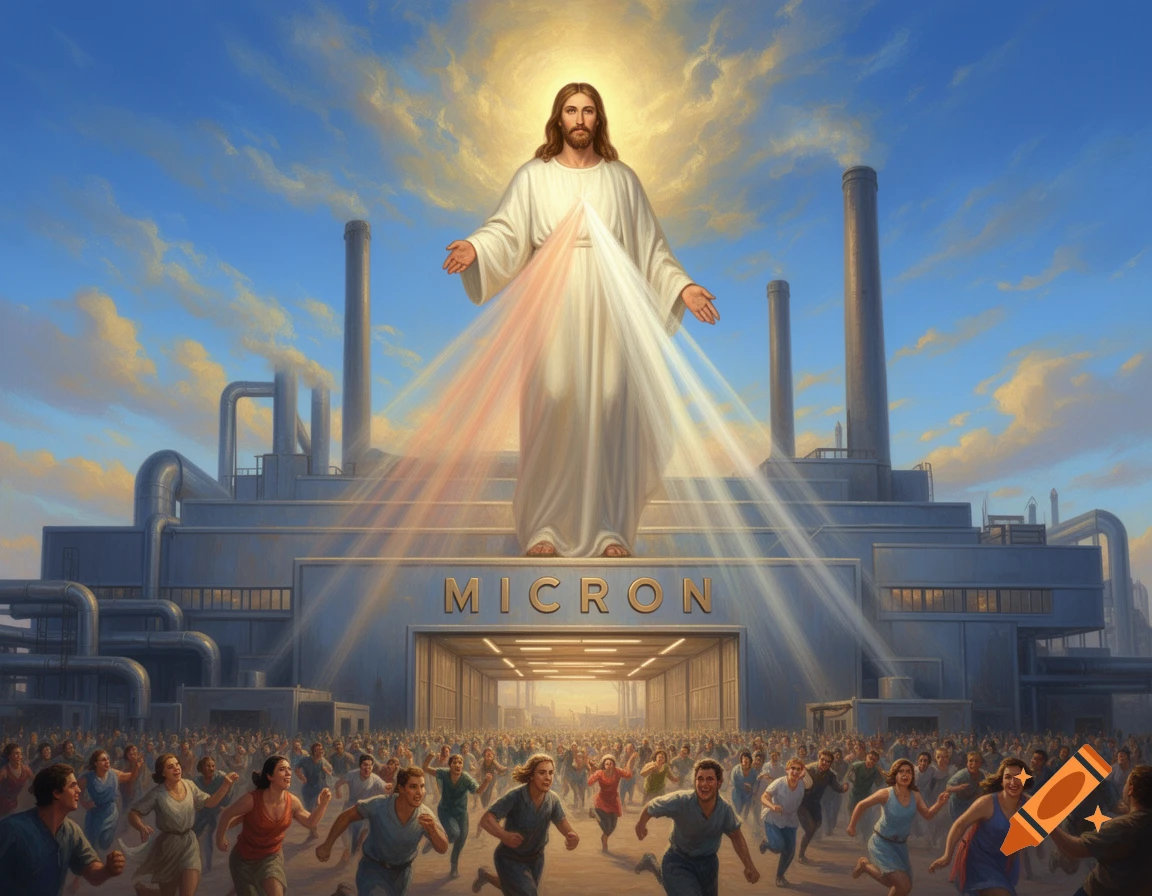 Jesus Christ stands over a factory named MICRON, emitting light rays, with a crowd of people running below. Dramatic drawn image.