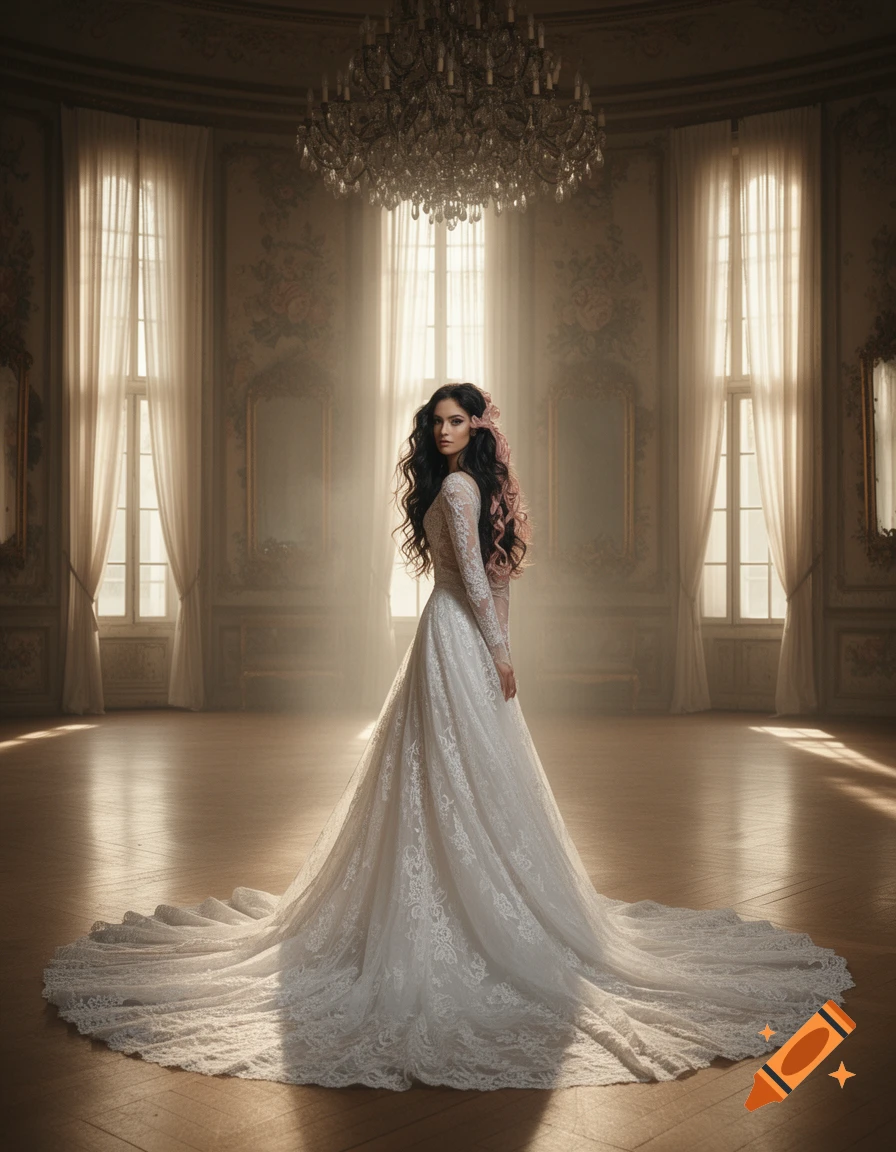 A woman in a white lace wedding dress with a long train stands in a grand, sunlit ballroom.