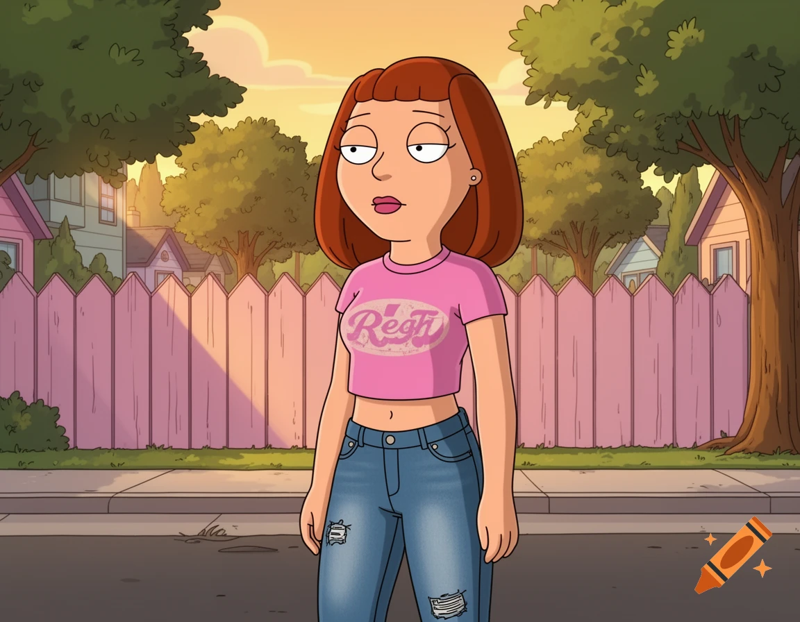 Meg Griffin in a pink crop top and ripped jeans on a suburban street at sunset in cartoon style.