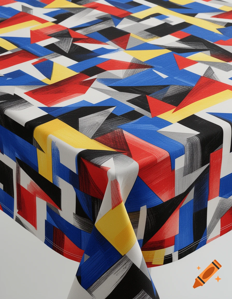 A tablecloth with a vibrant, cubist-inspired geometric pattern in red, blue, yellow, black, white, and gray.