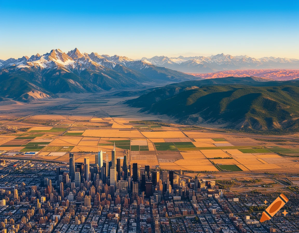 Aerial view of a modern city nestled at the base of majestic snow-capped mountains and expansive agricultural fields under a clear sky.