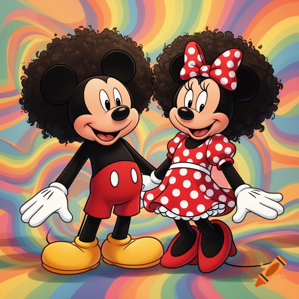 Cartoon Mickey and Minnie Mouse with afro hairstyles stand hand-in-hand against a swirling rainbow background.