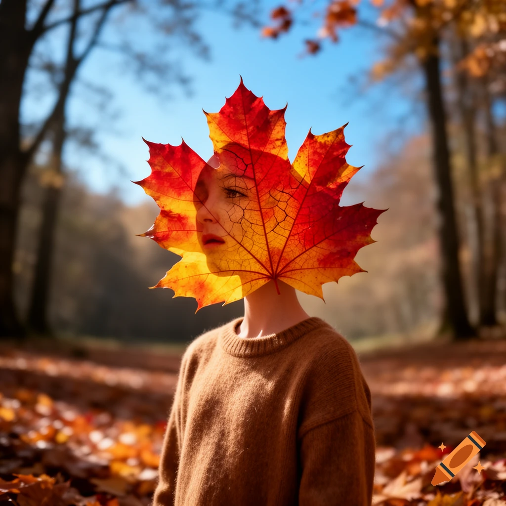 Photorealistic image of a person whose head is a large, vibrant red and yellow maple leaf, standing in an autumn forest.