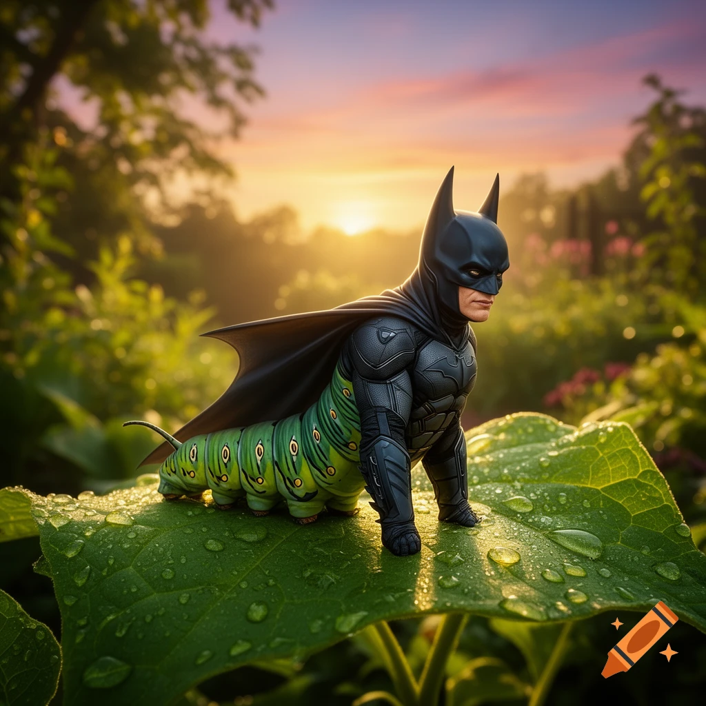 A photorealistic Batman-caterpillar hybrid crawls on a dewy green leaf in a lush garden at sunset.