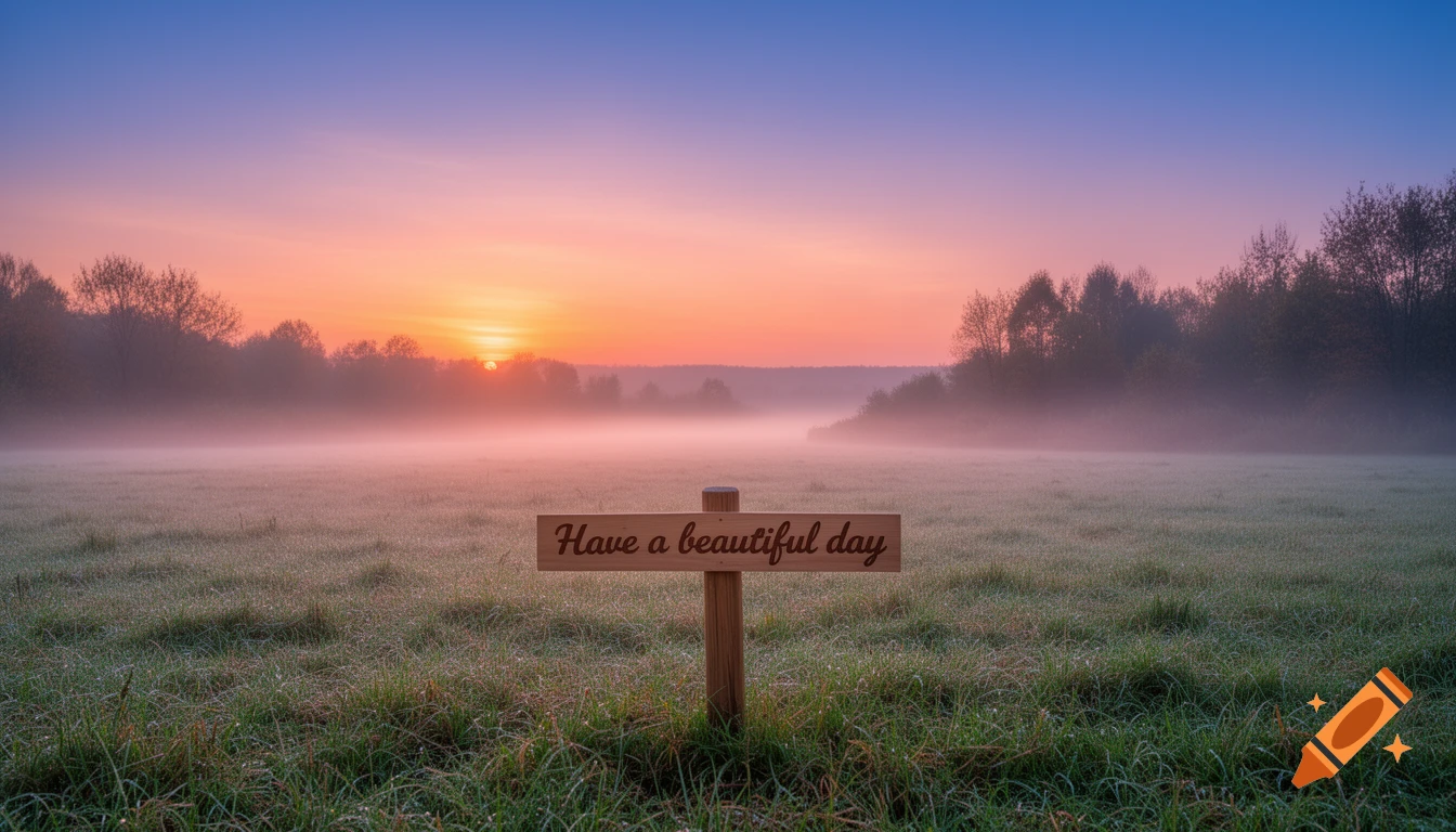 Photorealistic image of a wooden sign reading 'Have a beautiful day' in a misty field at sunrise.
