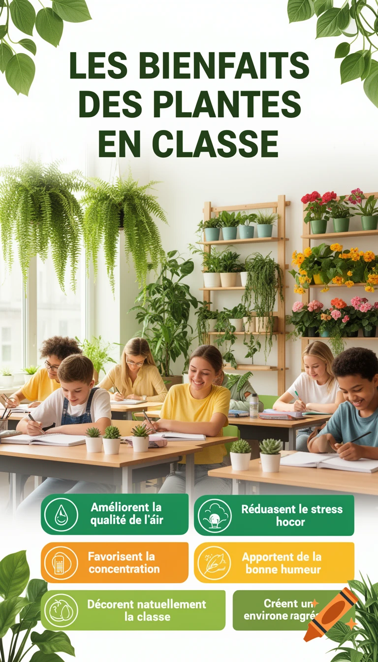 A modern school poster showing happy students in a plant-filled classroom, listing benefits of plants in class.