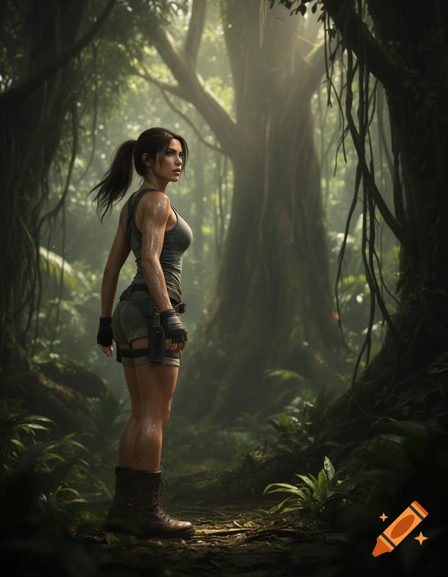 A photorealistic depiction of a female adventurer, resembling Lara Croft, standing in a lush, misty jungle environment, looking over her shoulder.