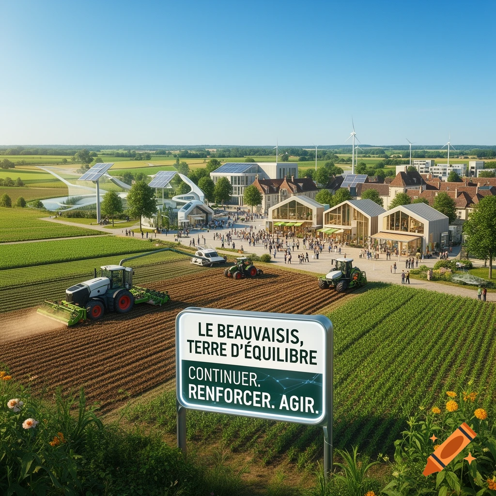 Photorealistic image of a sustainable future landscape with farms, modern town buildings, solar panels, and wind turbines under a clear sky.
