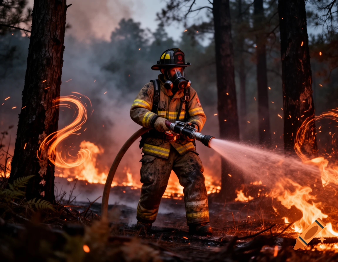 A photorealistic image of a firefighter in protective gear and gas mask battling a blazing forest fire with a hose at dusk.