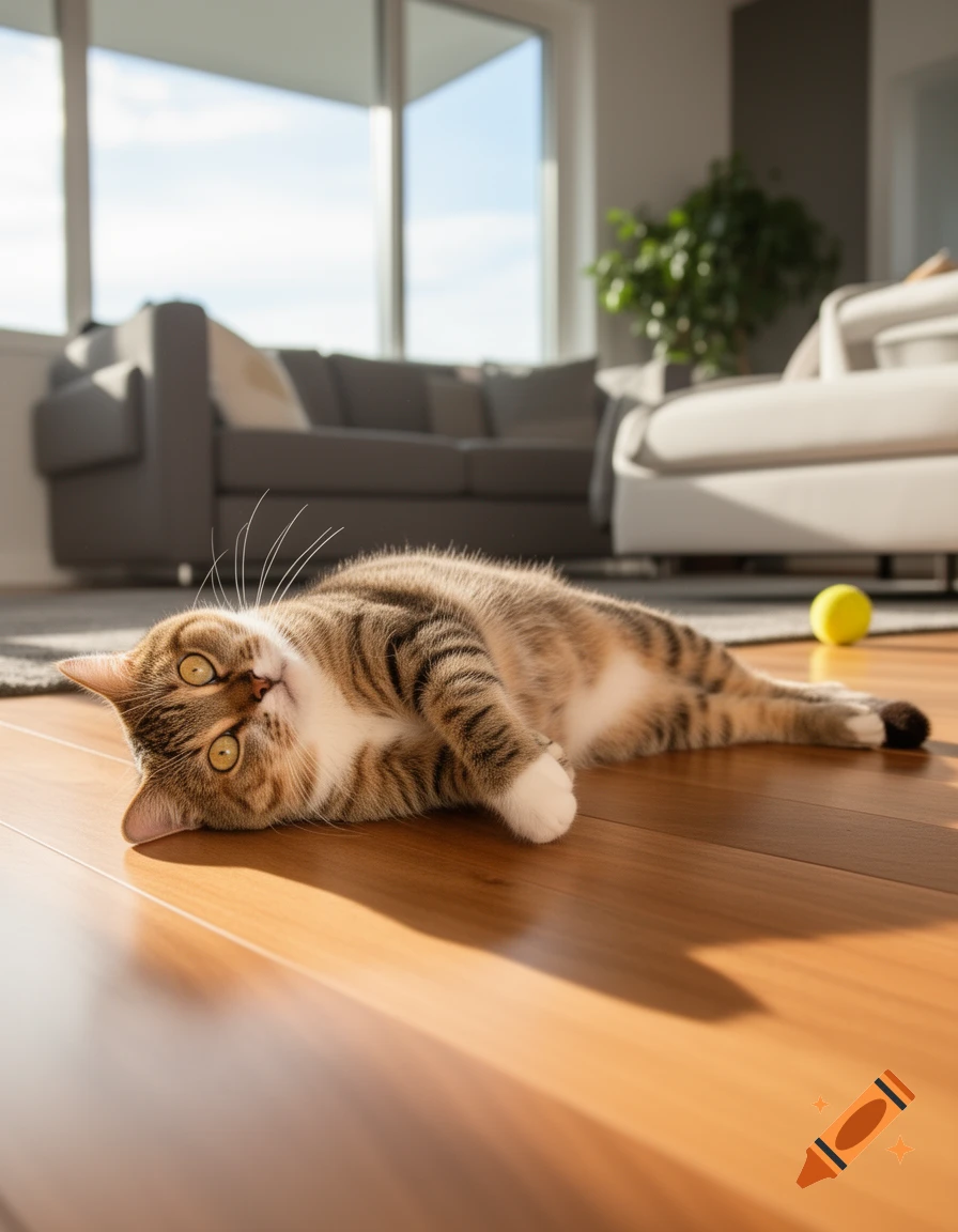 A brown and white tabby cat with wide yellow eyes lies on a sunlit wooden floor in a modern living room.