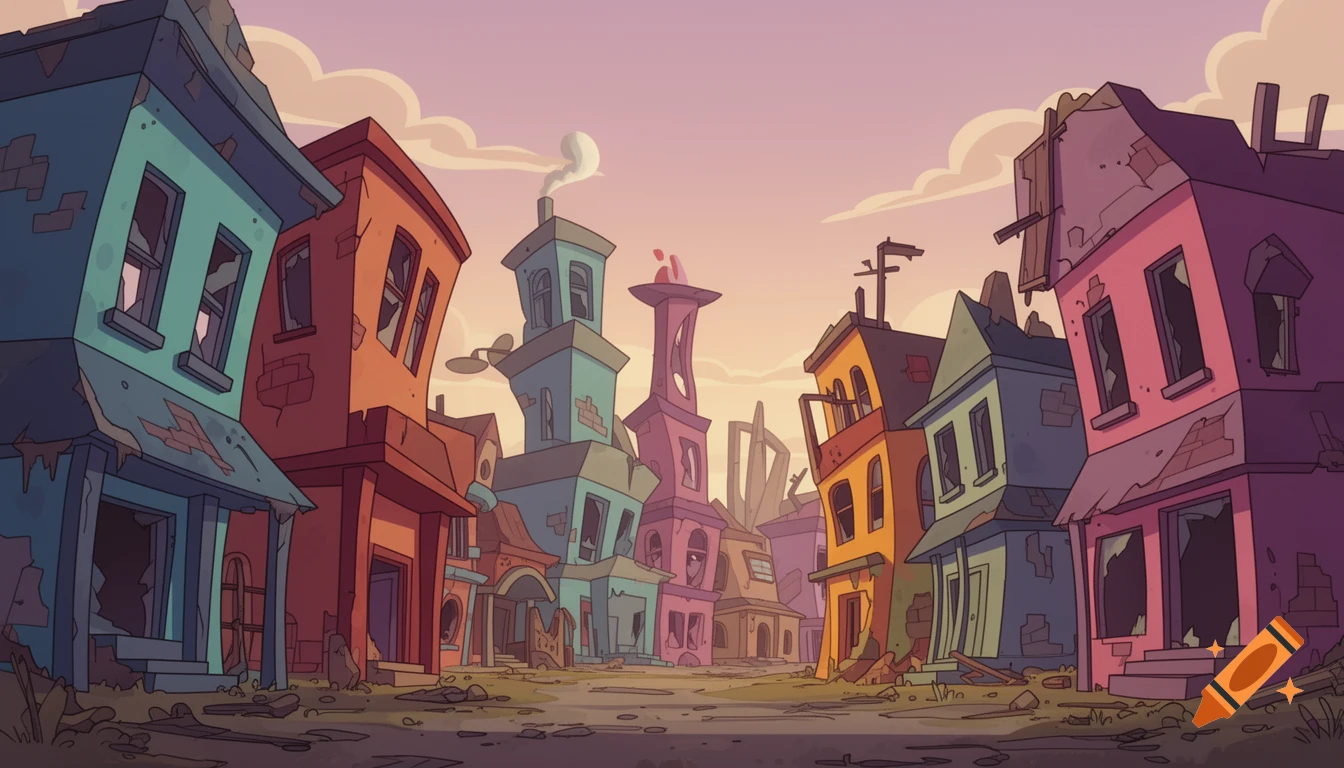 A colorful cartoon panorama of an abandoned town at sunset, featuring exaggerated, leaning buildings with broken windows and debris.
