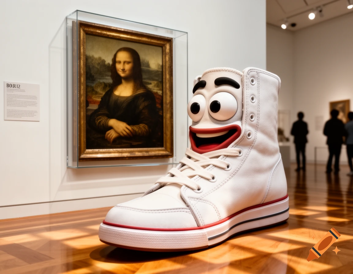 A large white cartoon shoe with googly eyes and a wide red smile stands in a museum, looking at the Mona Lisa painting.