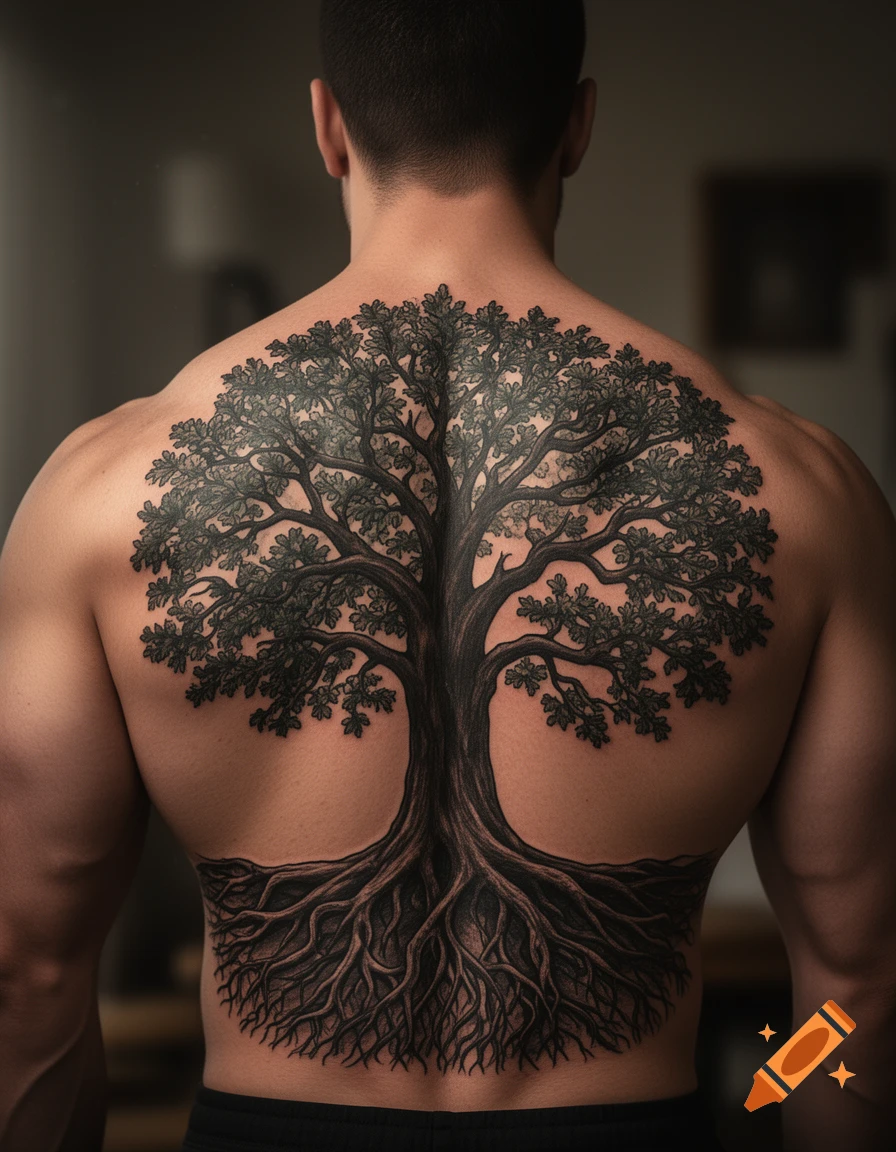 Rear view of a muscular man with a large, detailed black and grey tree tattoo covering his entire back.