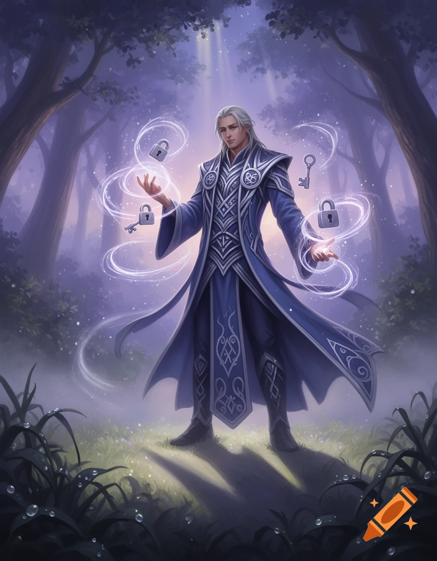 A male mage with long white hair and a blue patterned robe stands in a mystical forest, conjuring glowing keys and padlocks with magic.