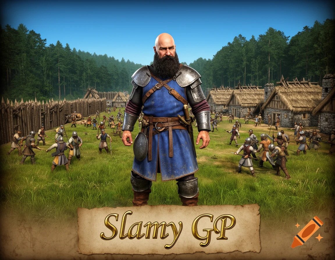 Bald, bearded warrior in blue armor defends a village with other soldiers, in a real-time strategy game art style. "Slamy GP" is on a bottom banner.