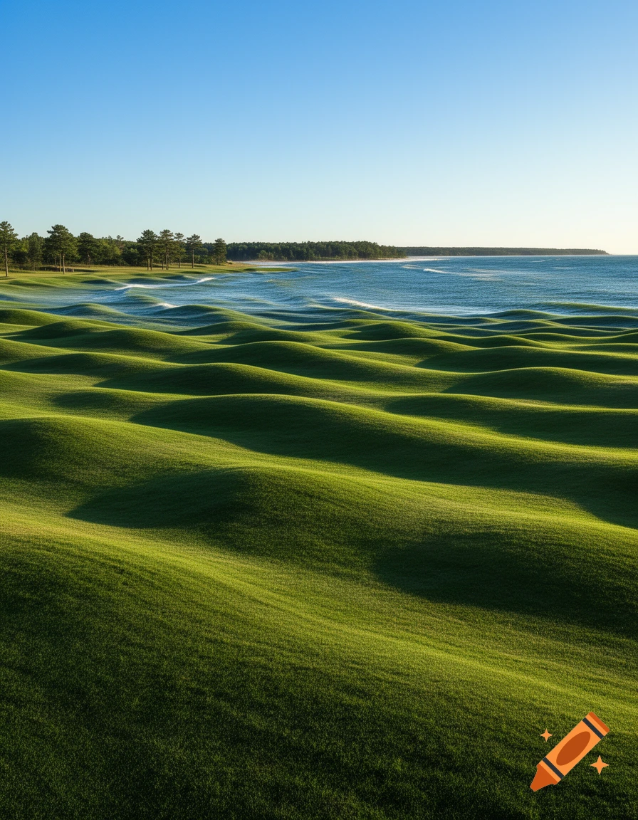 Rolling green grass hills resembling ocean waves next to a calm sea and a distant treeline under a clear blue sky.