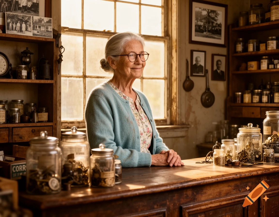 A smiling elderly woman with glasses stands behind a wooden counter in a warmly lit vintage shop filled with jars and bottles.