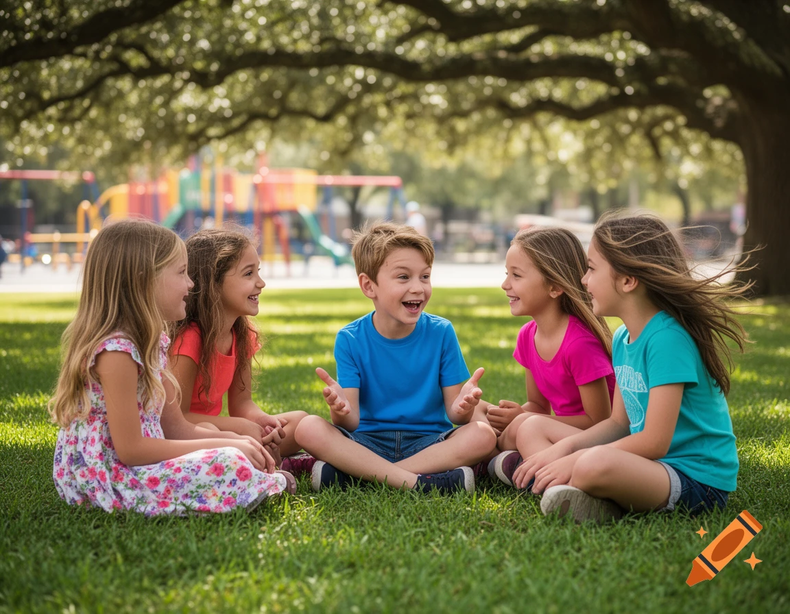 Five happy children sit on green grass in a sunny park, laughing together with a playground in the background. Photorealistic style.