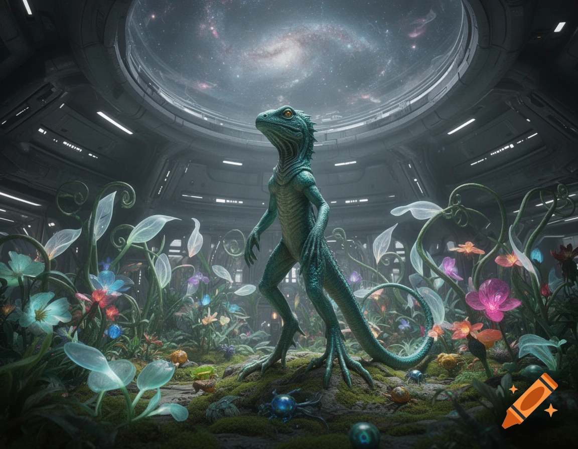 An alien lizard stands in a vibrant, glowing alien garden inside a futuristic spaceship, with a galaxy visible through the circular ceiling.