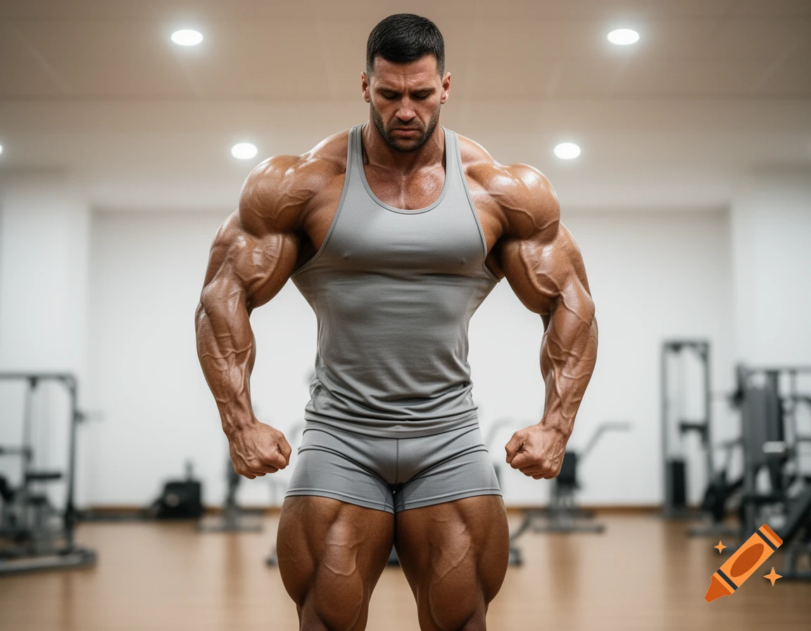 A very muscular man in a grey tank top and shorts poses in a gym, showcasing his developed physique.