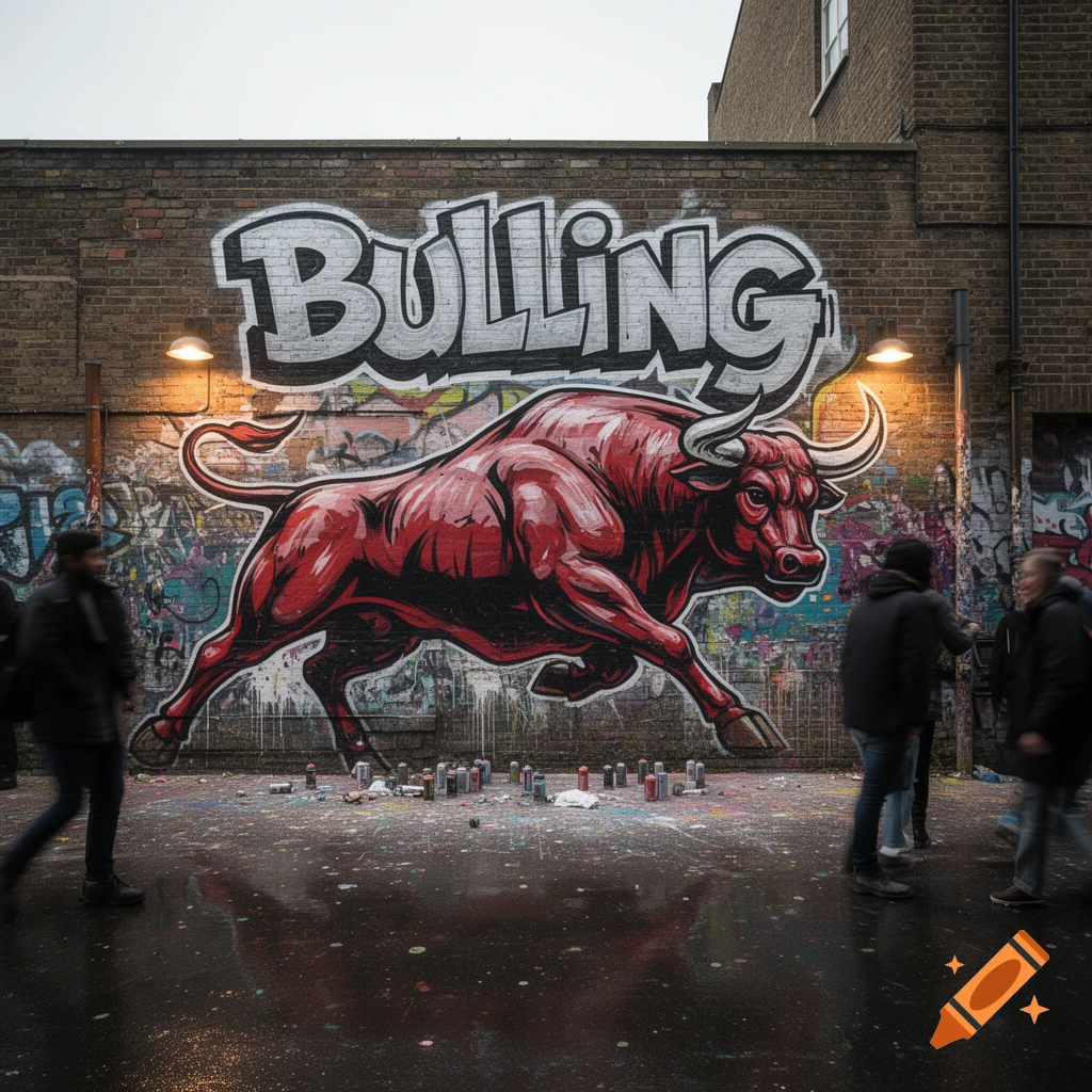 A large red bull graffiti with 'BULLING' above it on a brick wall, with spray cans on a wet street and blurred people walking by.