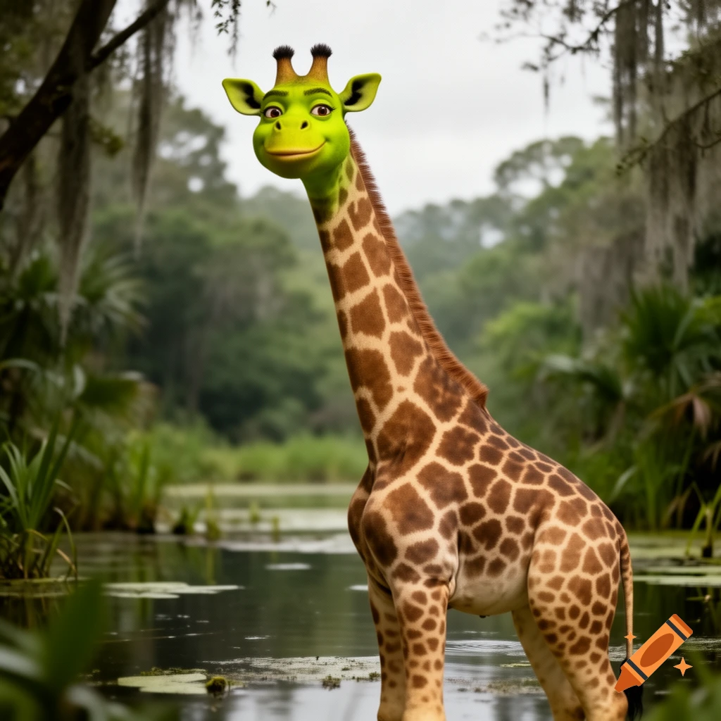 A smiling Shrek-headed giraffe stands in a swampy jungle, looking at the viewer.