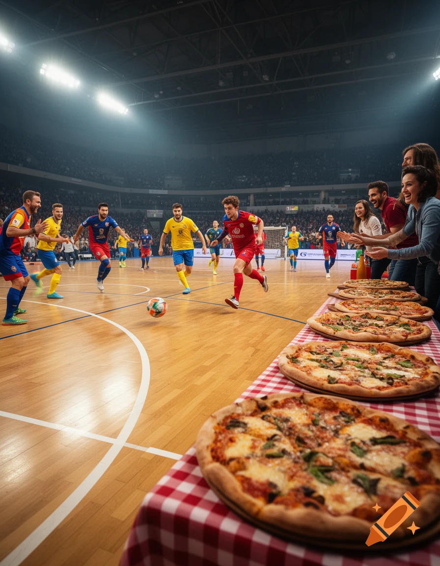 Futsal players compete on an indoor court, with spectators in the background and a table laden with pizzas in the foreground.