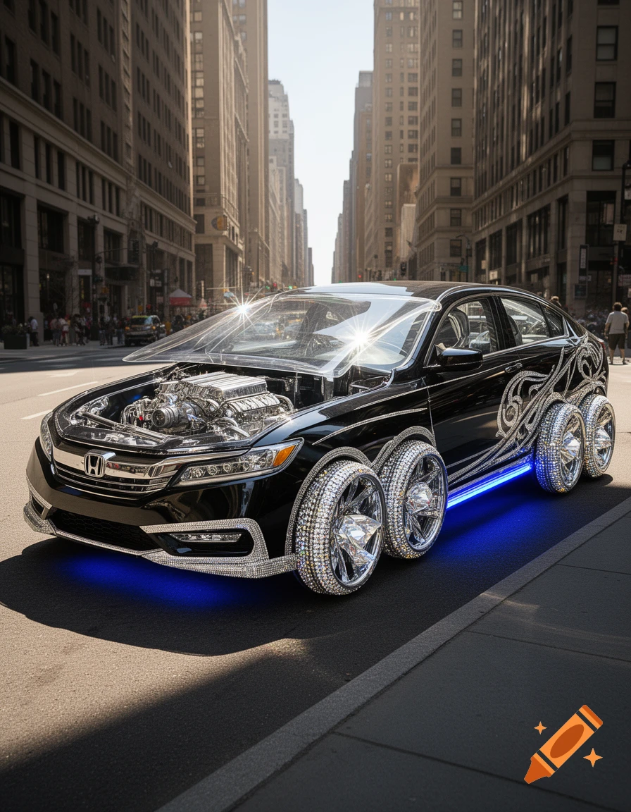 A black custom Honda sedan with six diamond-studded wheels, an exposed engine, and blue underglow lights, parked on a city street.