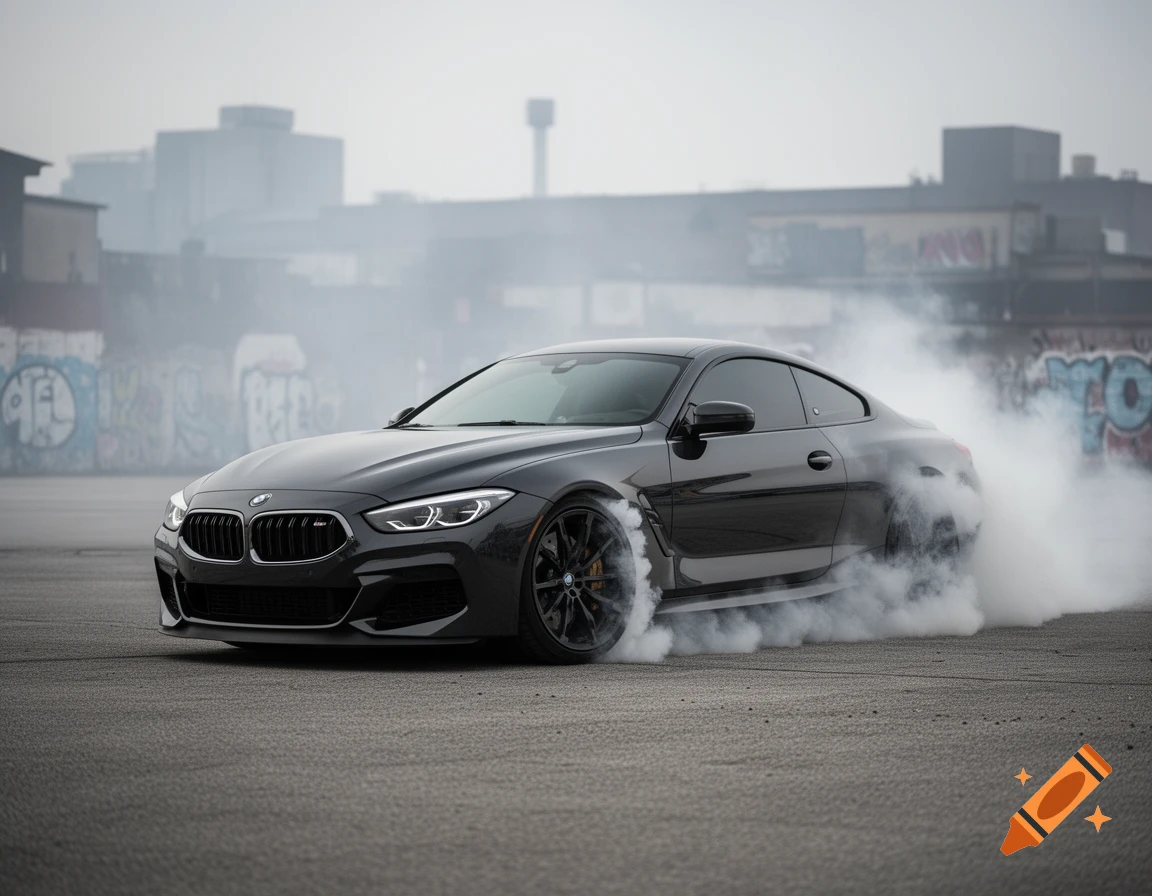 A sleek black BMW sports car drifts, generating a large cloud of smoke from its tires, against a blurred urban background with graffiti.