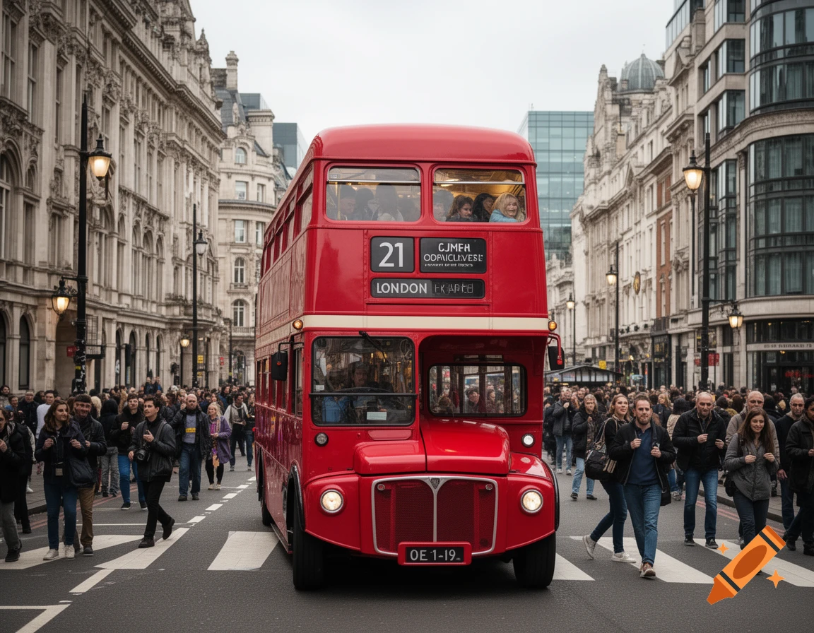 A red double-decker bus on a busy street in London, surrounded by pedestrians and classic architecture under an overcast sky.