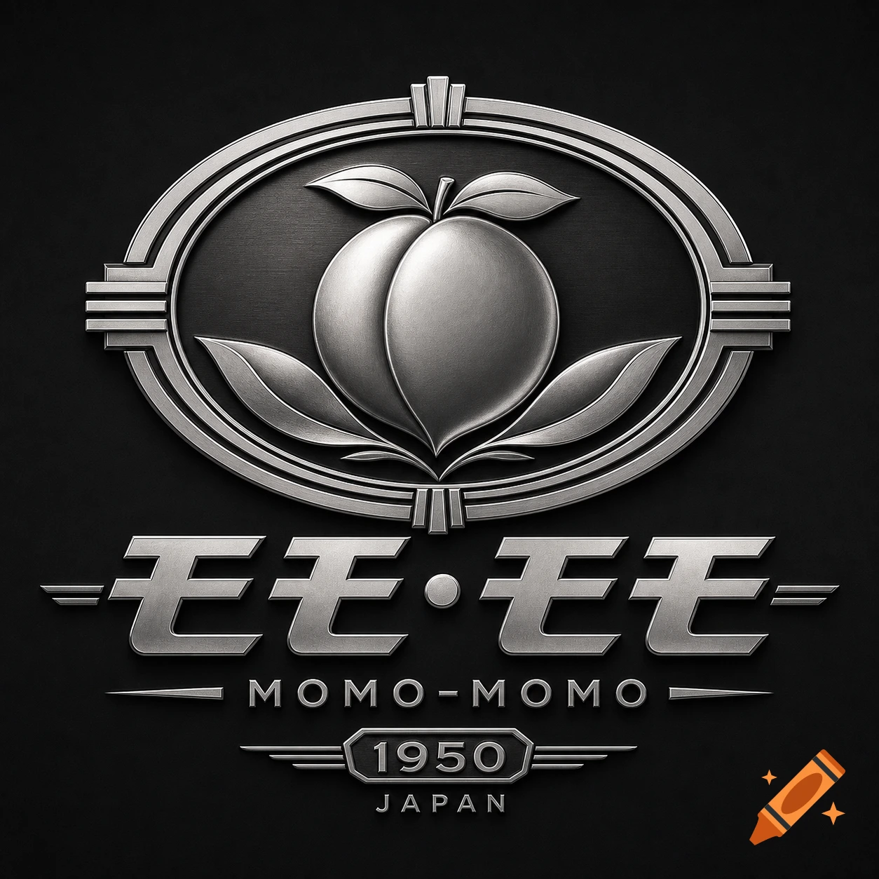 Metallic art deco style logo featuring a peach and leaves, with text 'MOMO-MOMO 1950 JAPAN' on a dark background.