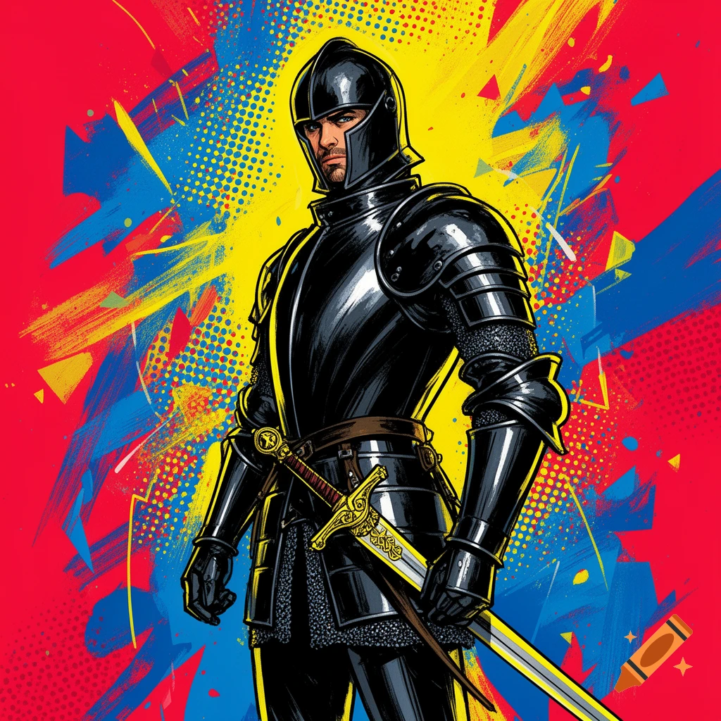 A knight in black armor stands holding a sword against a vibrant pop art background of red, yellow, and blue.