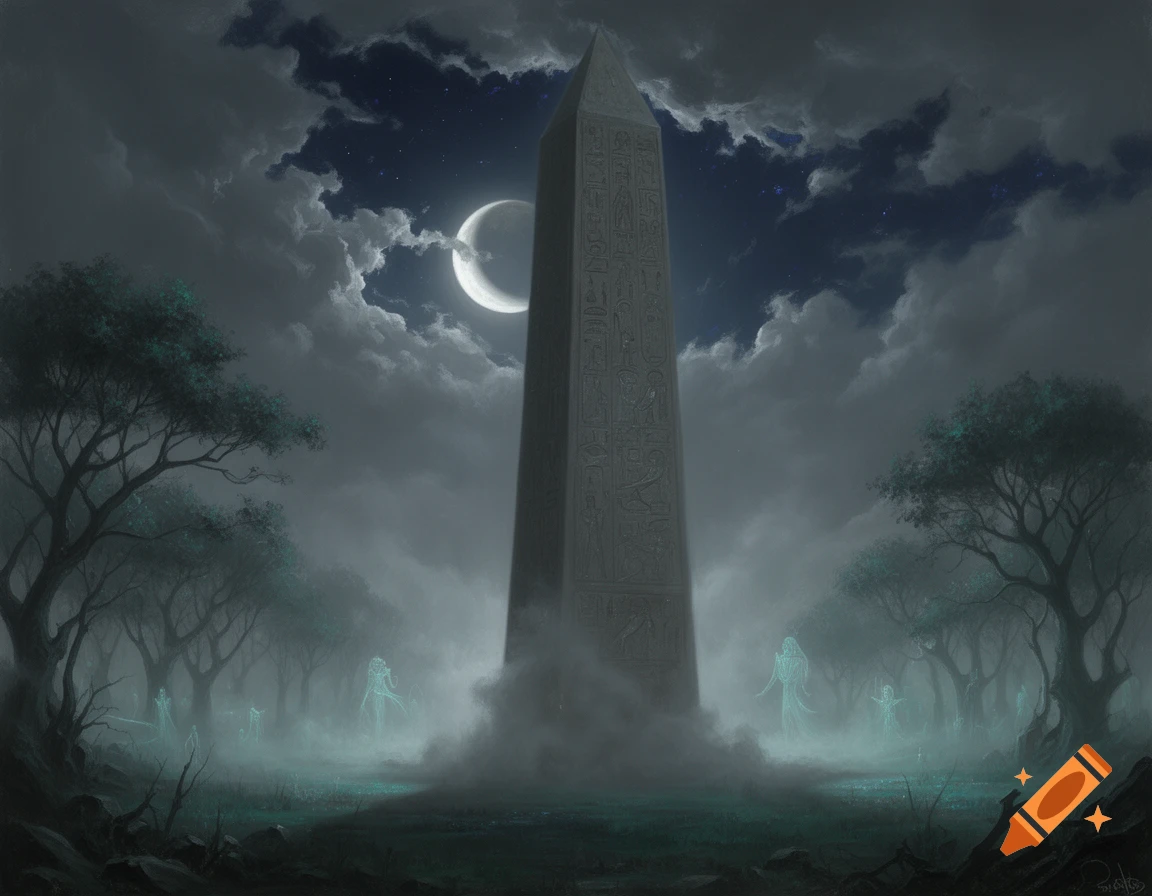Dark fantasy painting of a tall, carved obelisk shrouded in mist under a crescent moon, with spectral figures in a misty forest.