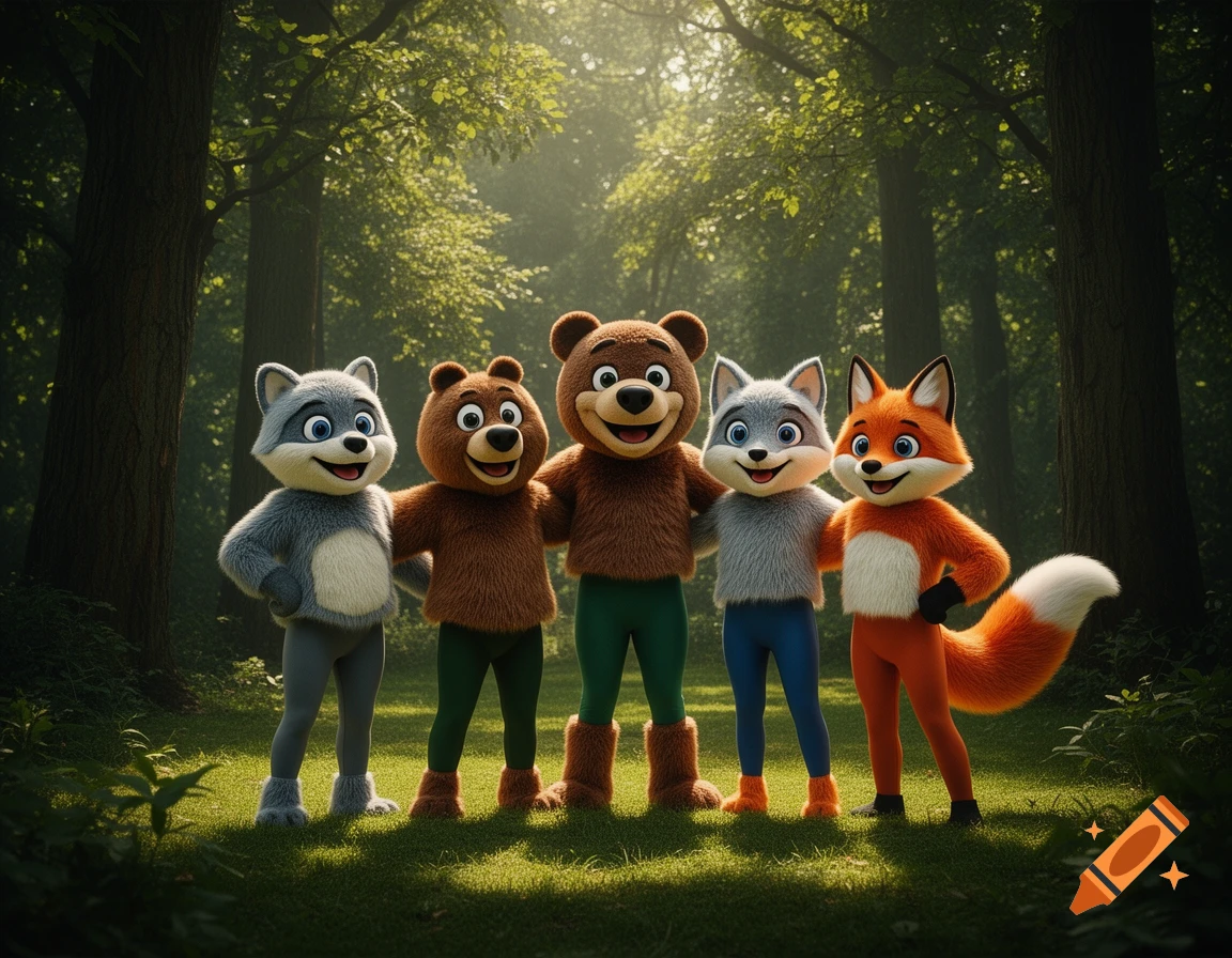 Five friendly cartoon forest animal mascots, including a raccoon, bears, and a fox, stand smiling in a sun-dappled forest.