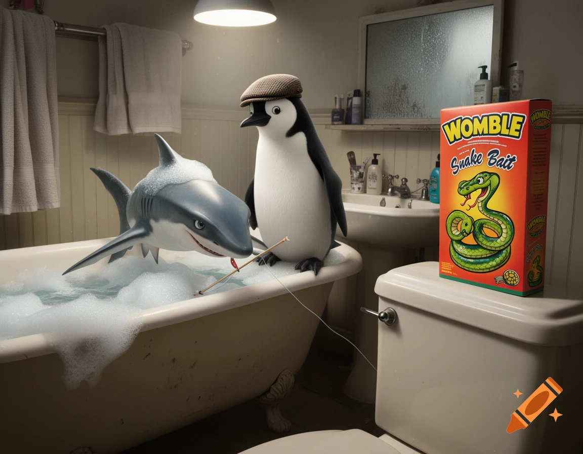A photorealistic image of a cartoon Adelie penguin in a flat cap and a shark fishing in a bubble bath, with a 'Womble Snake Bait' box on the toilet.