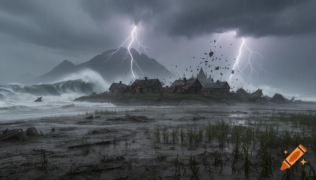A photorealistic image of a devastating storm on an island, with lightning, huge waves, ruined houses, and flooded fields.