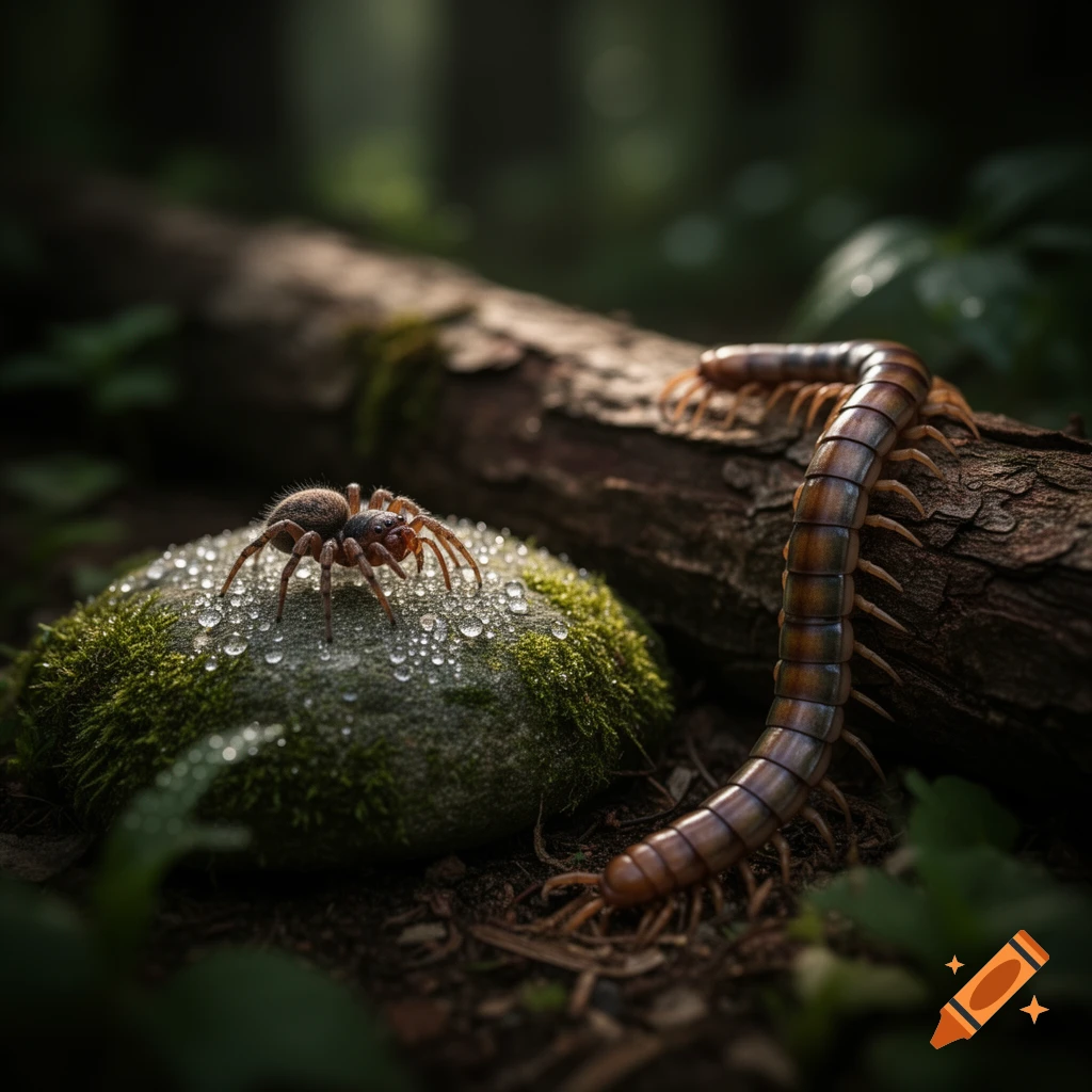 A fuzzy brown spider sits on a mossy, dew-covered rock next to a long centipede on a log in a dark forest.