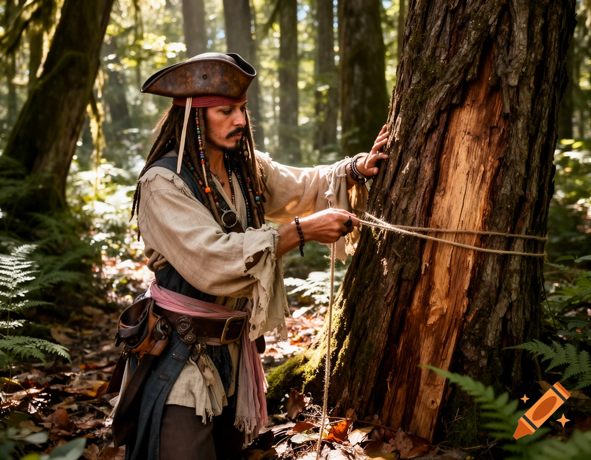 A character resembling Jack Sparrow in full pirate attire measures a large tree trunk with a rope in a sunlit forest.